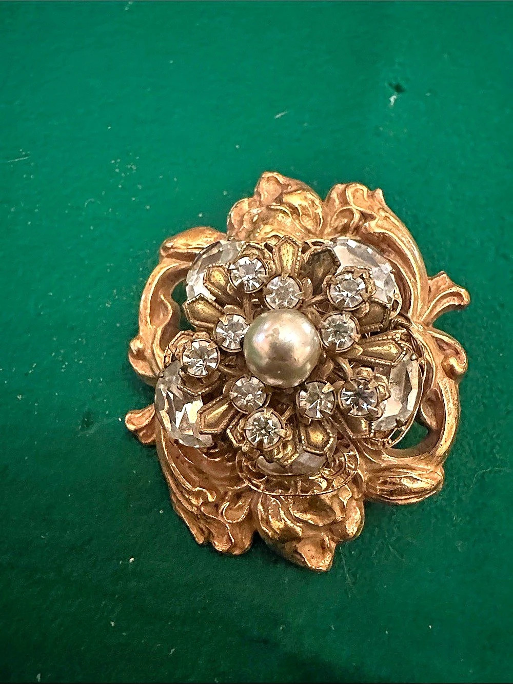 Miriam Haskell Signed Floral Rhinestone Brooch in Gold